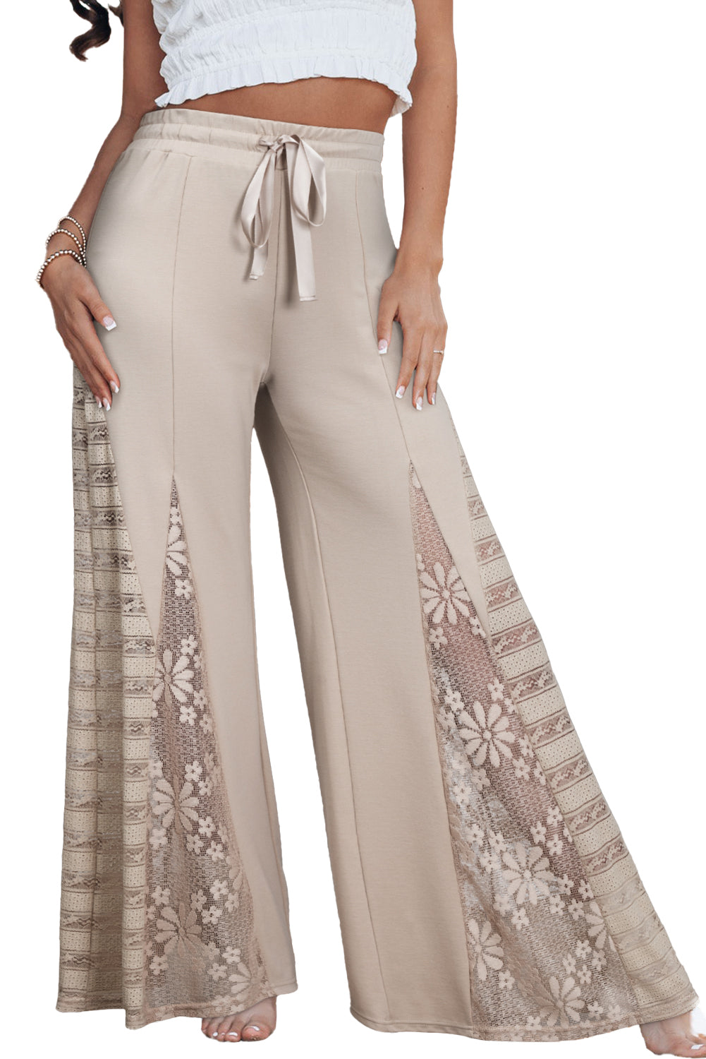 Smoke Gray Lace Patchwork Wide Leg High Waist Pants