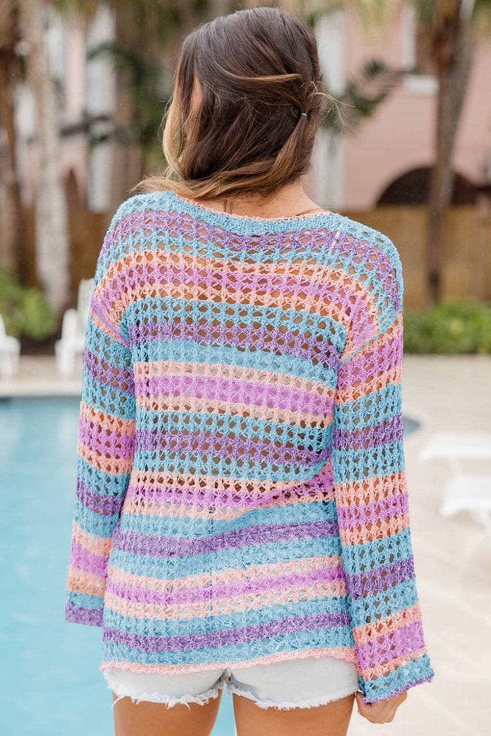 Purple Striped Hollow Knit Summer Beach Cover Up