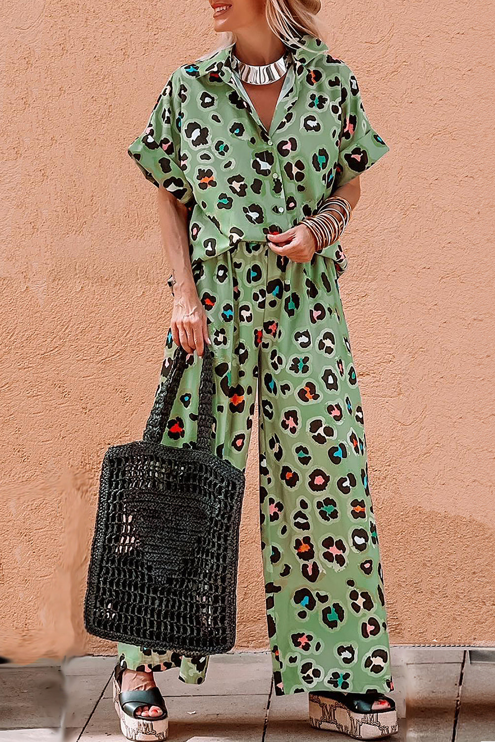 Green Leopard Print Short Sleeve Shirt and Wide Leg Pants Set