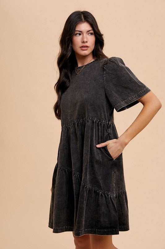 Annie Wear Mineral Washed Round Neck Short Sleeve Denim Dress