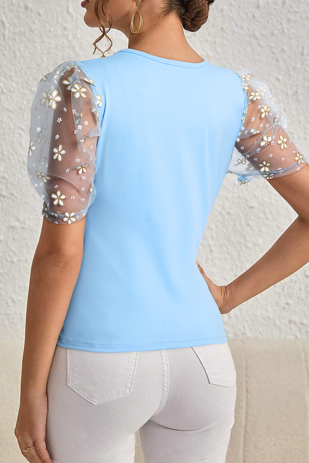 Beau Blue Flower Mesh Sleeve Slim Fit Blouse