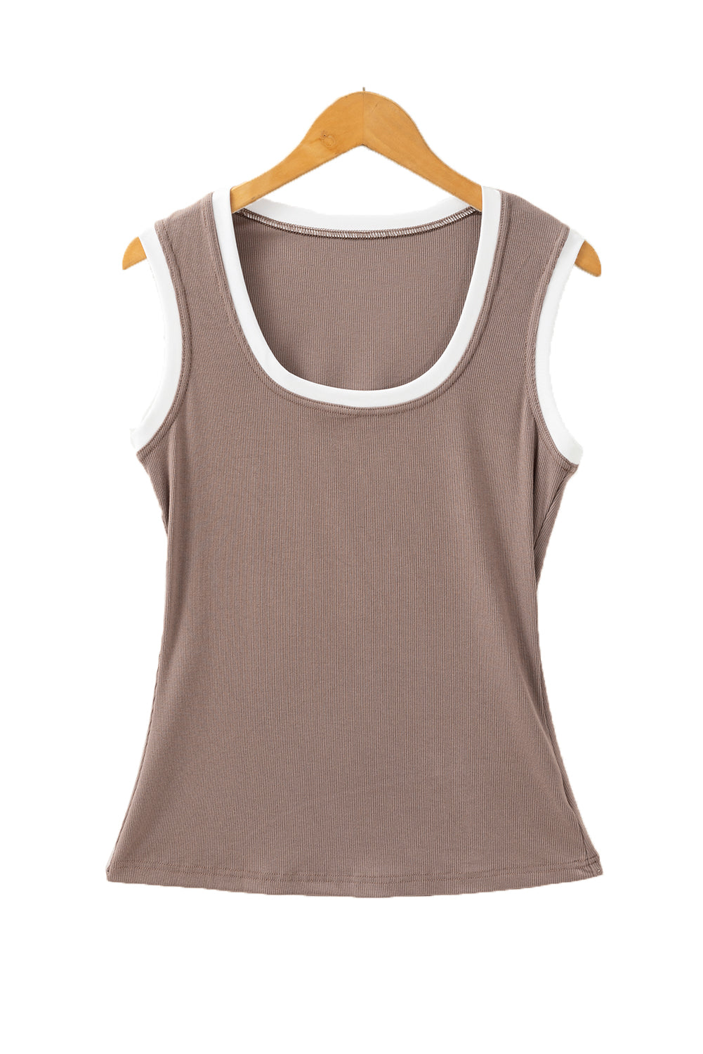 Carbon Grey Ribbed Knit Contrast Edge U Neck Slim Fit Tank Top