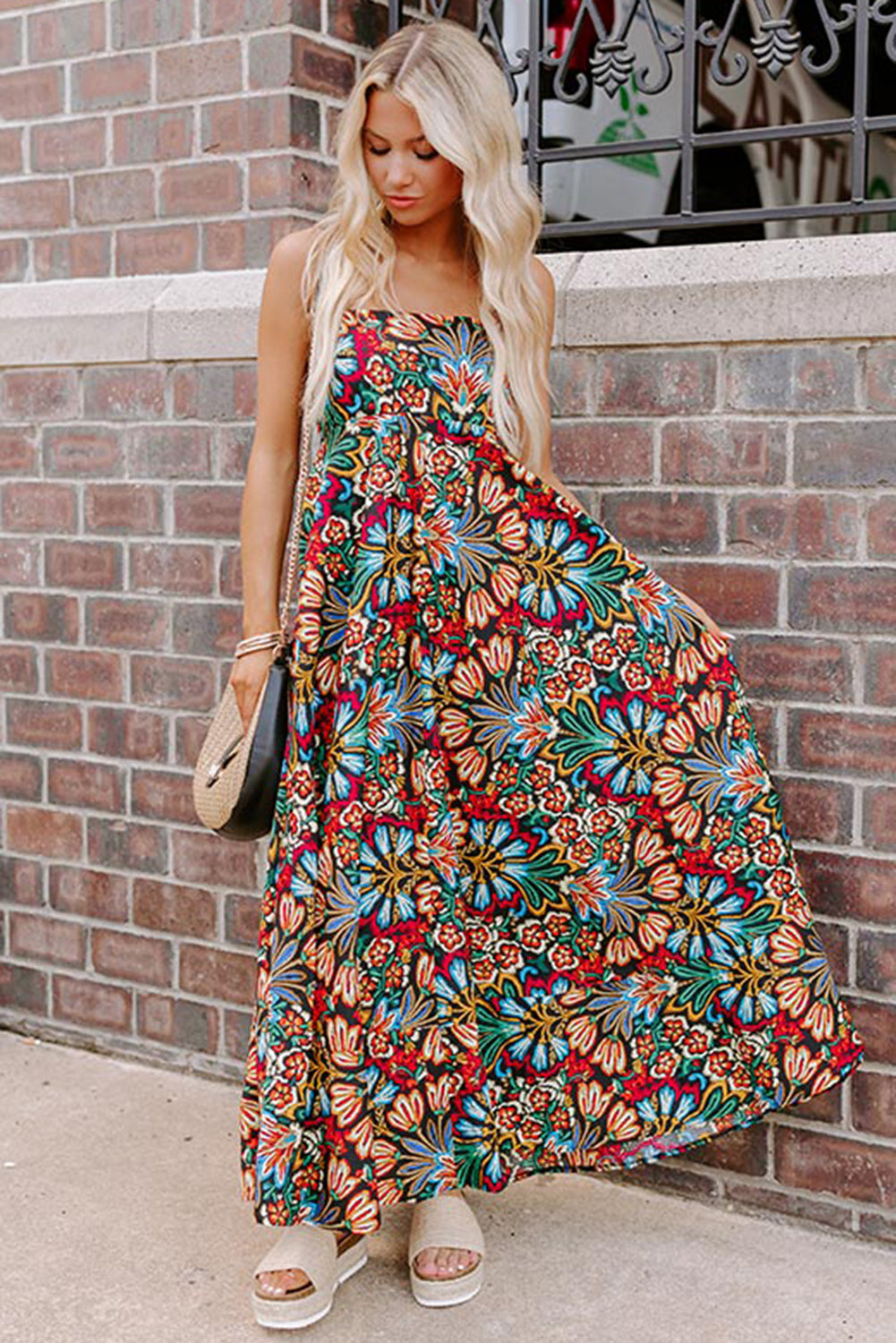 Black Boho Floral Print Thin Straps High Waist Maxi Dress