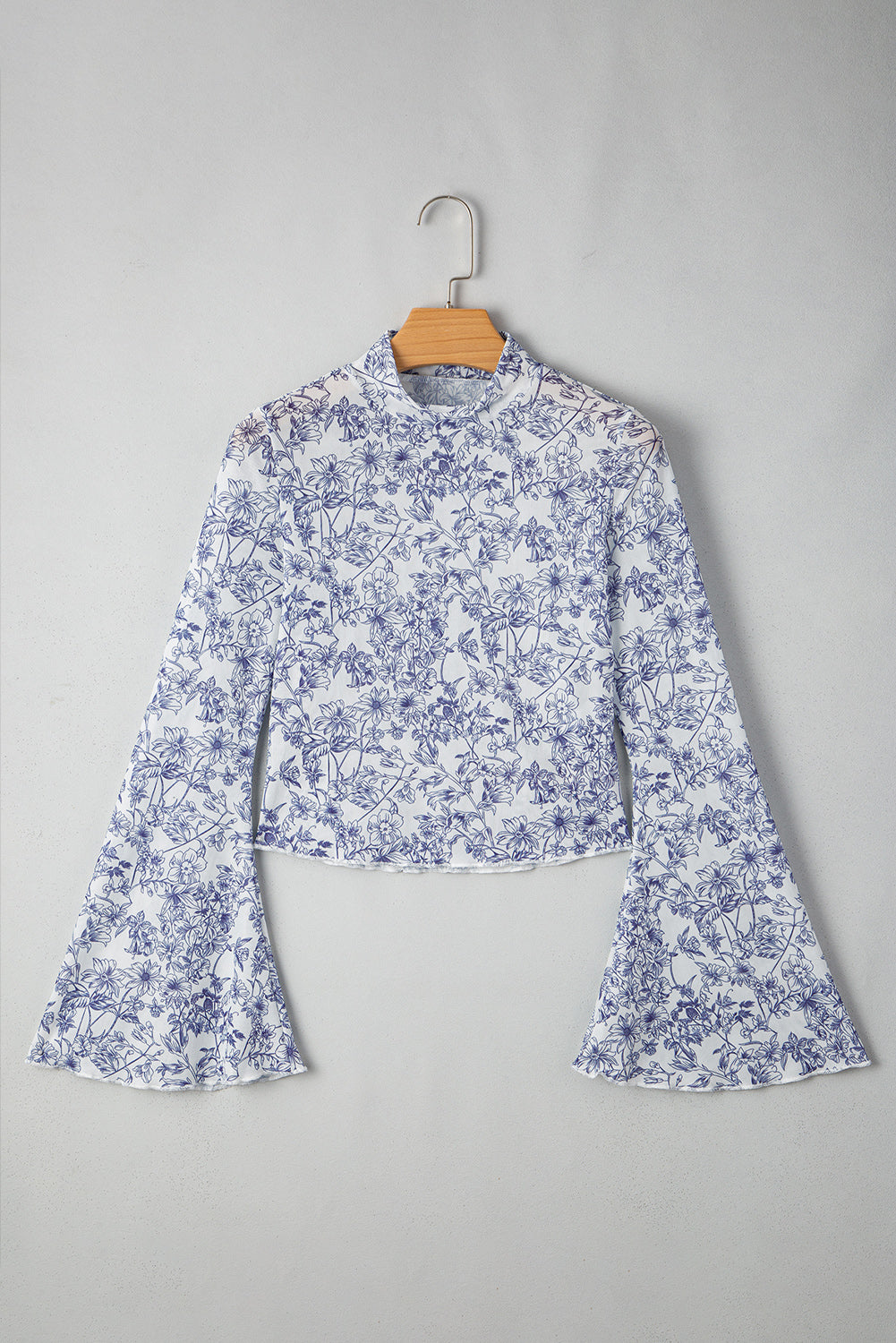 Sky Blue Boho Floral Bell Sleeve Mesh Blouse