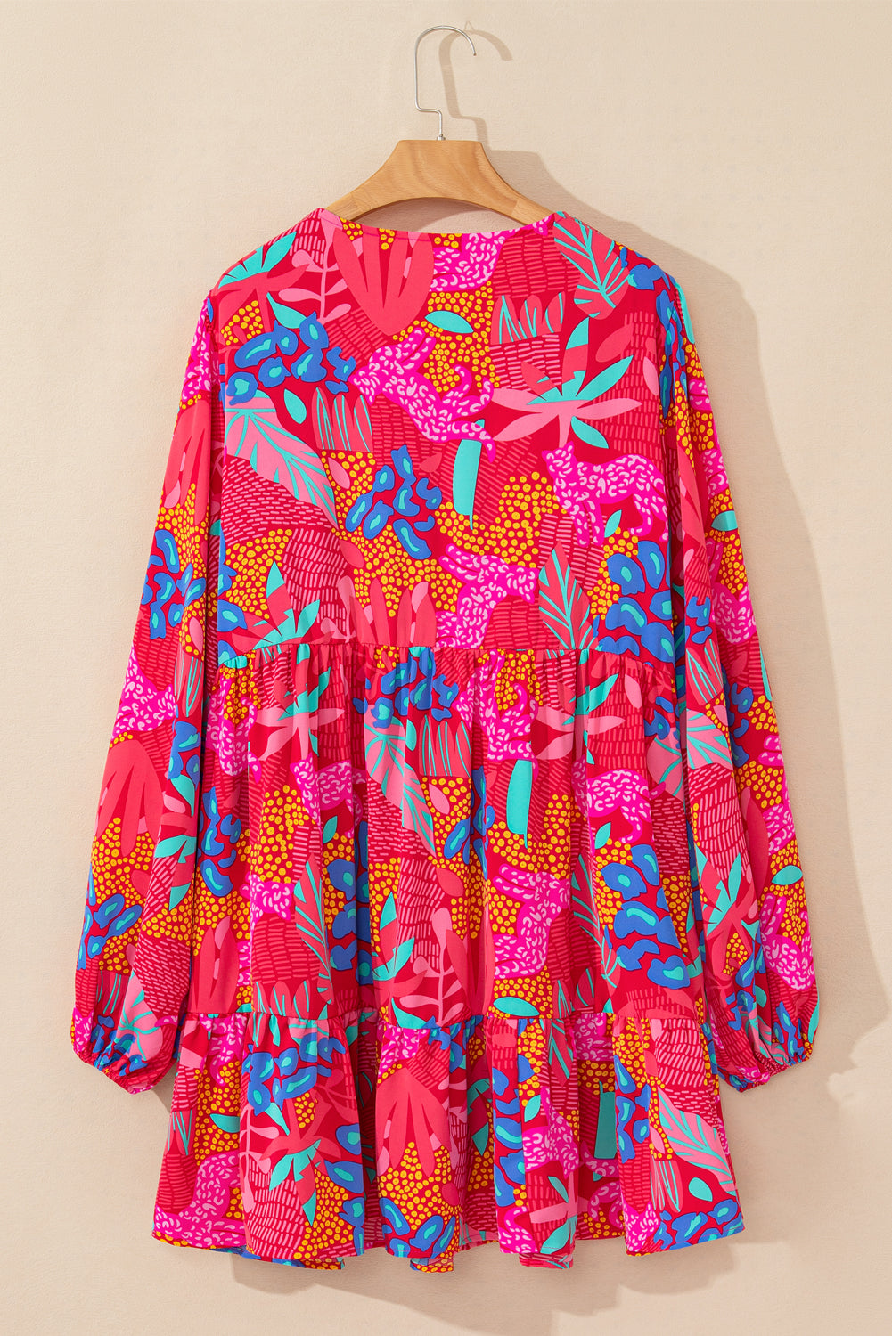 Rose Tropical Print Lantern Sleeve V Neck Ruffle Plus Size Mini Dress