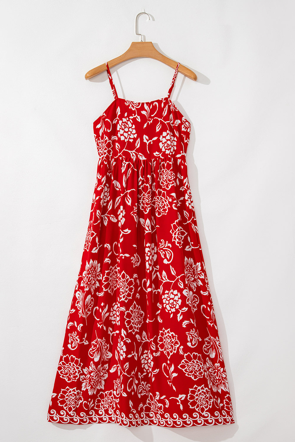 Red Floral Print Spaghetti Strap Empire Waist Maxi Dress