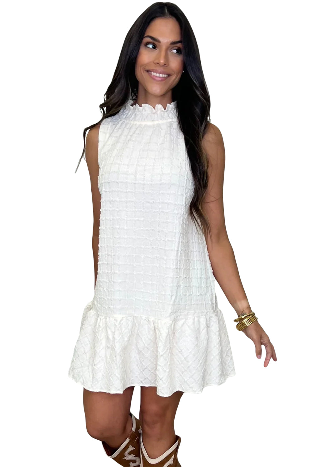 White Solid Color Grid Texture Frill Neck Ruffle Hem Dress