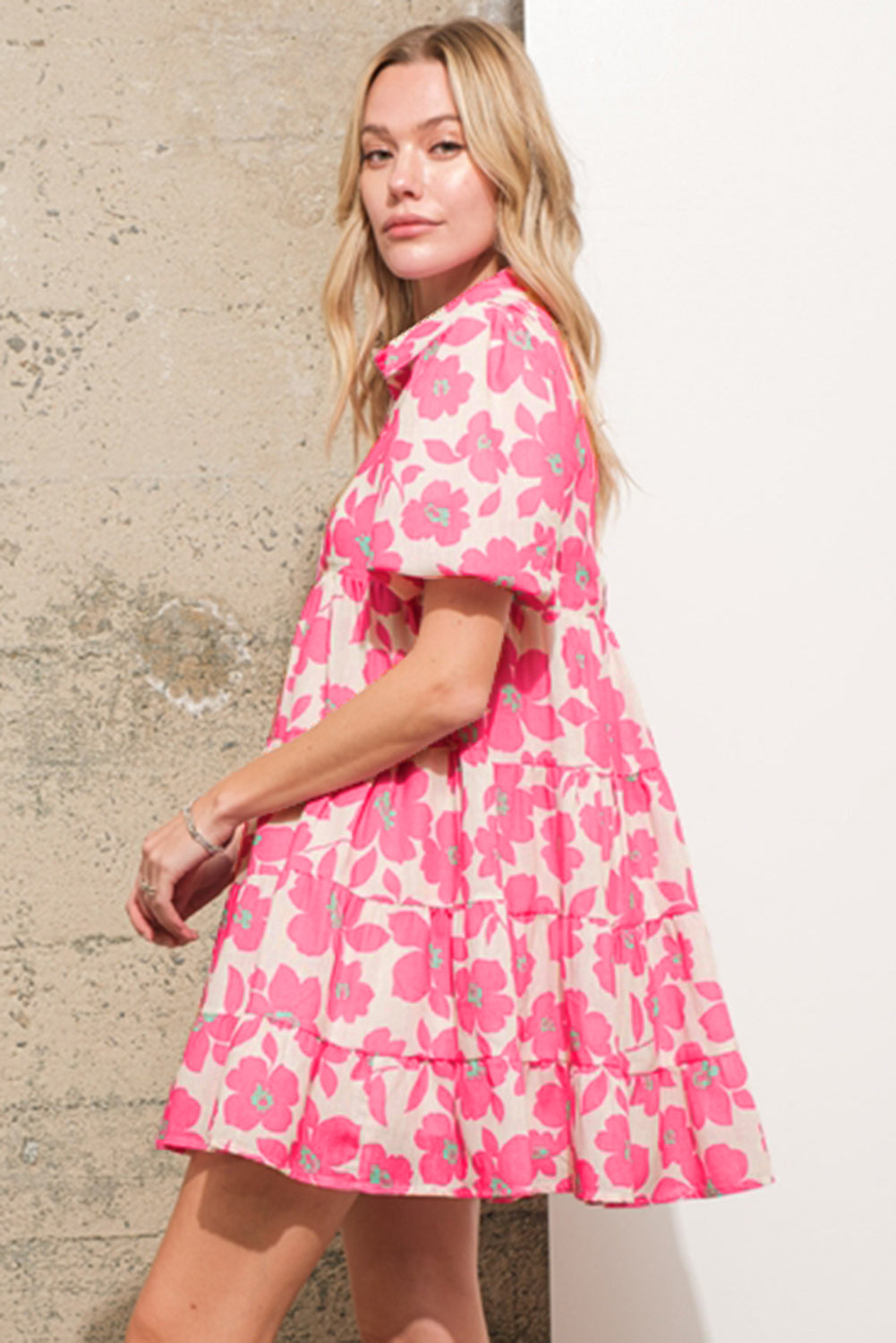 Pink Floral Tiered Puff Sleeve Mini Shirt Dress