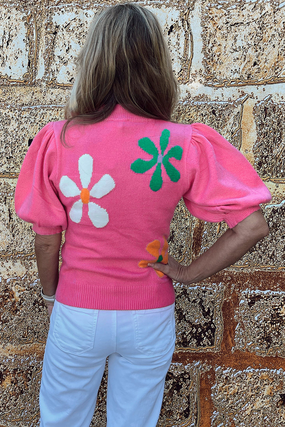 Bright Pink 60s Floral Print Bubble Short Sleeve Knitted Top