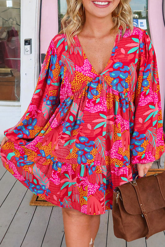 Rose Tropical Print Lantern Sleeve V Neck Ruffle Plus Size Mini Dress