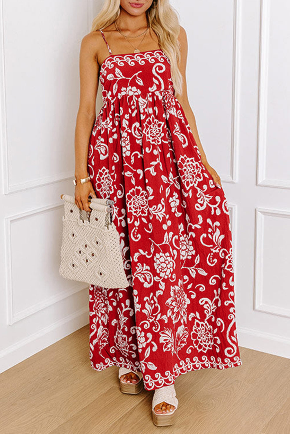 Red Floral Print Spaghetti Strap Empire Waist Maxi Dress