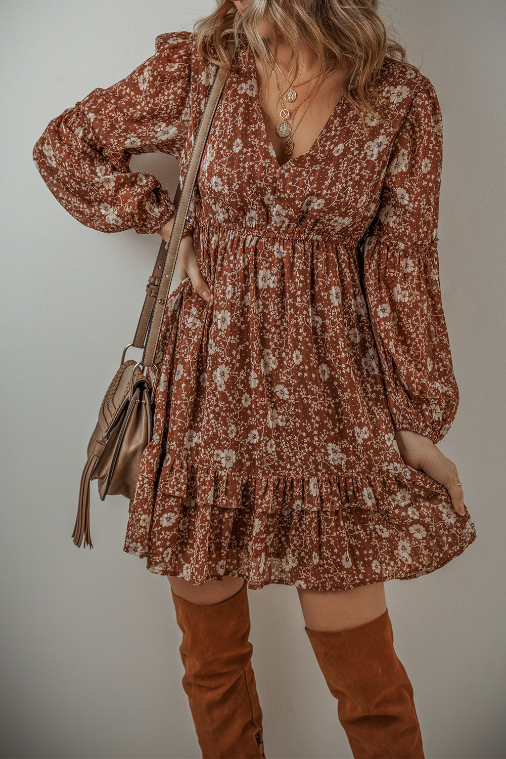 Brown Boho Floral Ruffled Puff Sleeve V Neck Mini Dress