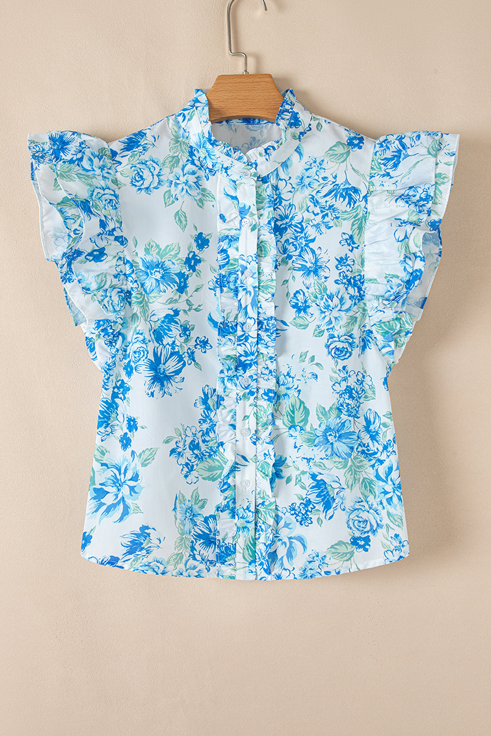 Sky Blue Floral Print Ruffle Sleeve Frill Shirt