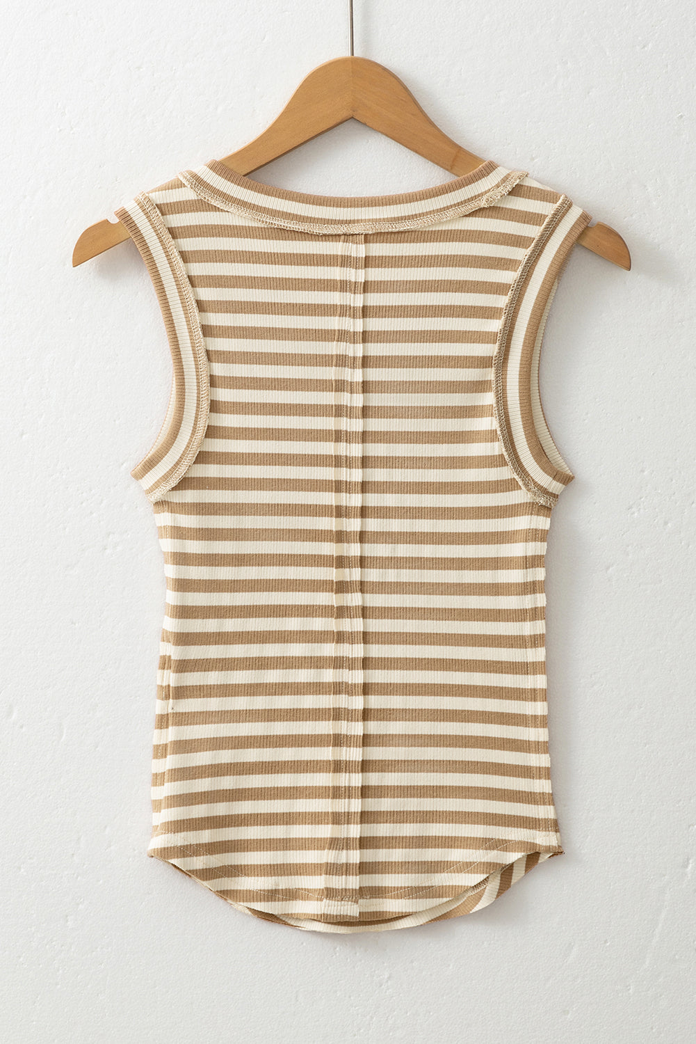 Khaki Stripe Exposed Seam Trim Round Neck Sleeveless Top