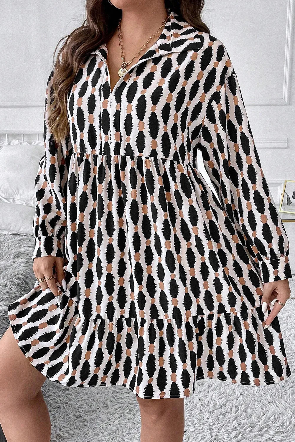 Plus Size Printed Johnny Collar Long Sleeve Dress