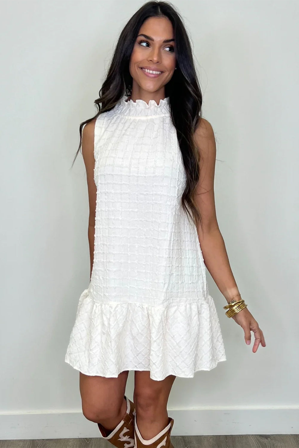 White Solid Color Grid Texture Frill Neck Ruffle Hem Dress