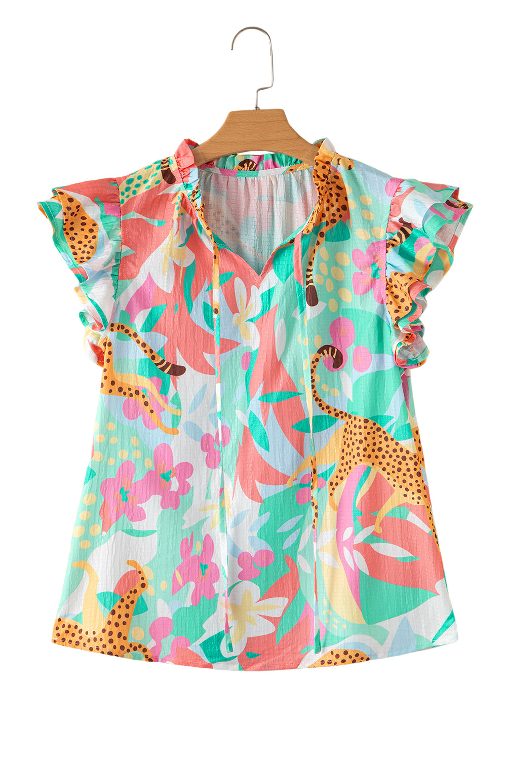 Green Tie Split Neck Ruffle Summer Cheetah Floral Blouse