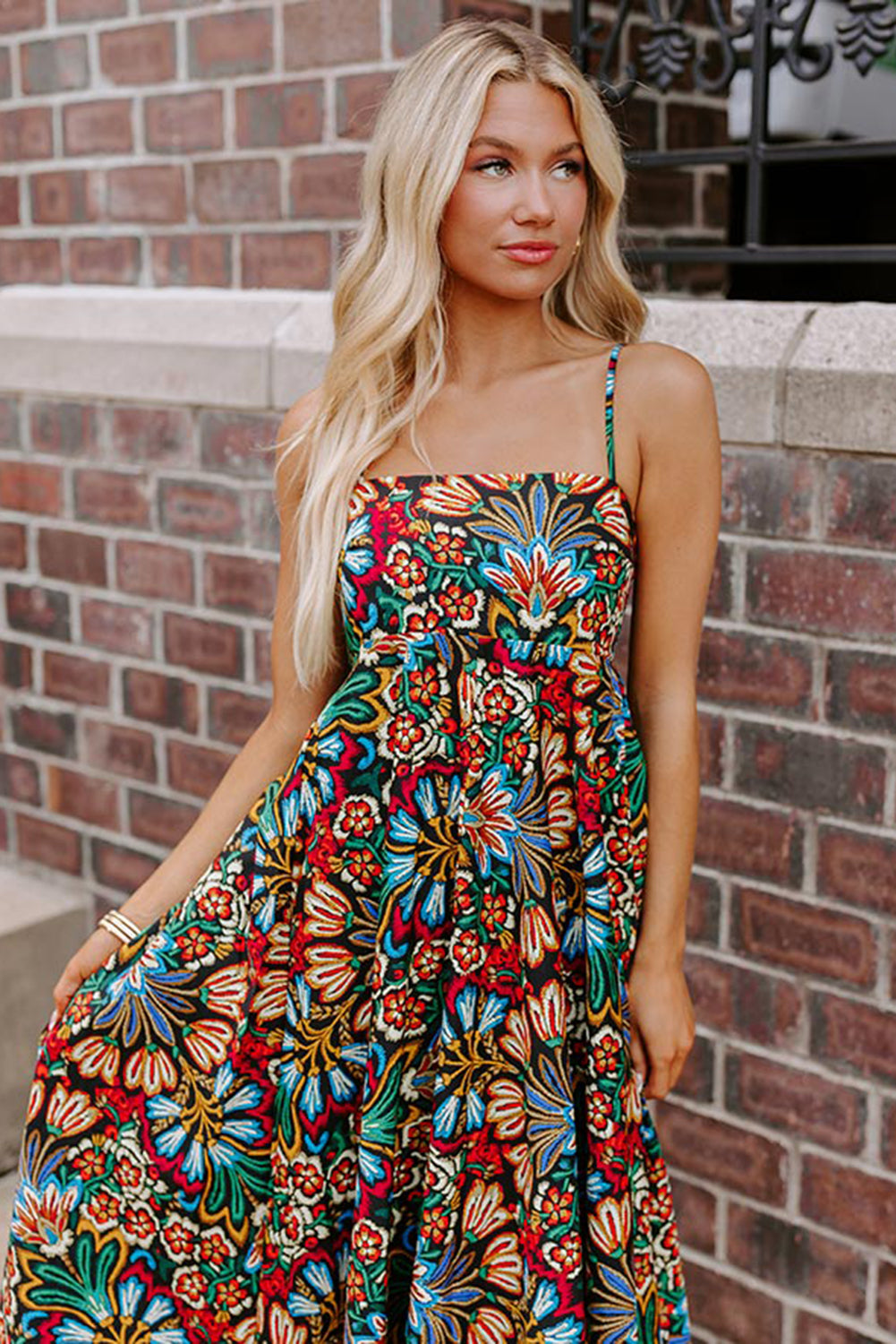 Black Boho Floral Print Thin Straps High Waist Maxi Dress