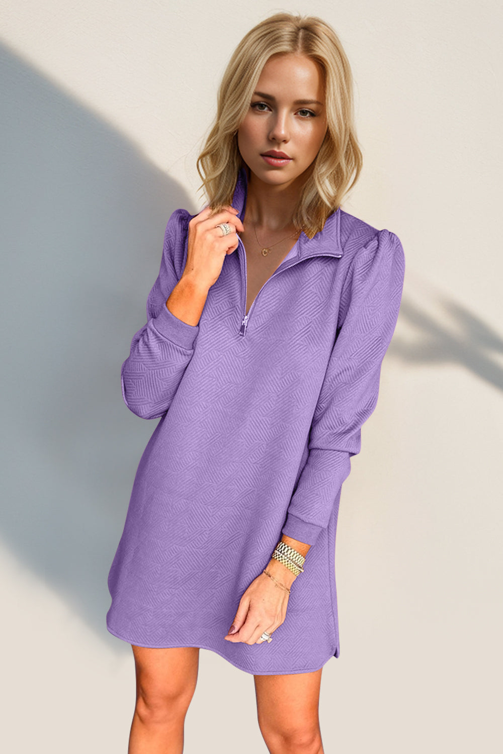 Double Take Textured Quarter Zip Long Sleeve Dress