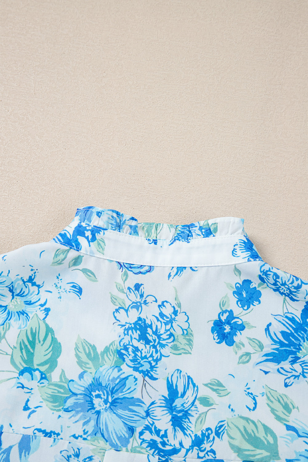 Sky Blue Floral Print Ruffle Sleeve Frill Shirt