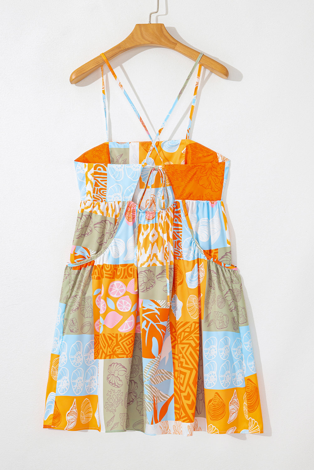 Orange Shell Print Patchwork Backless Flowy Dress