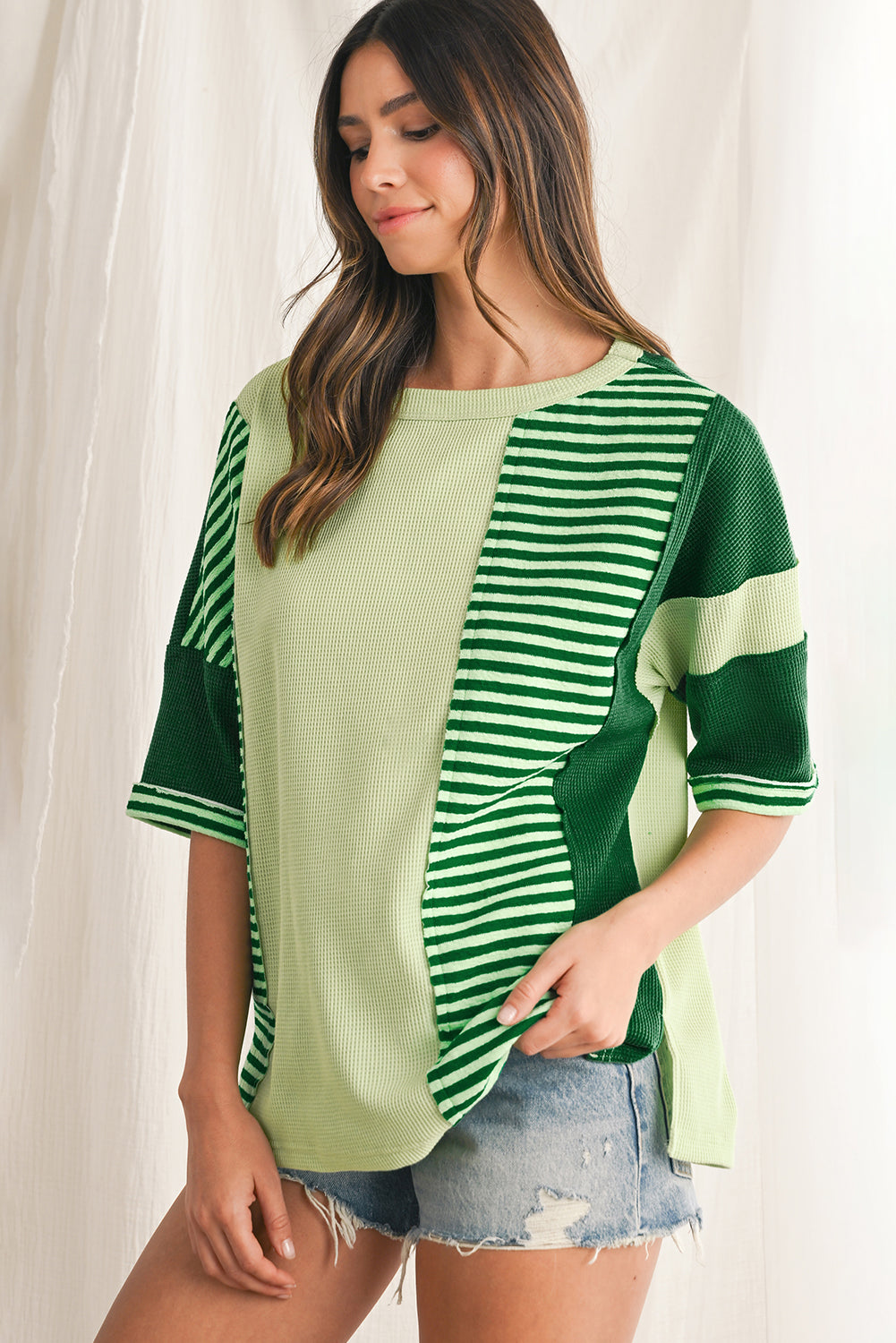 Mint Green Striped Patchwork Half Sleeve T Shirt