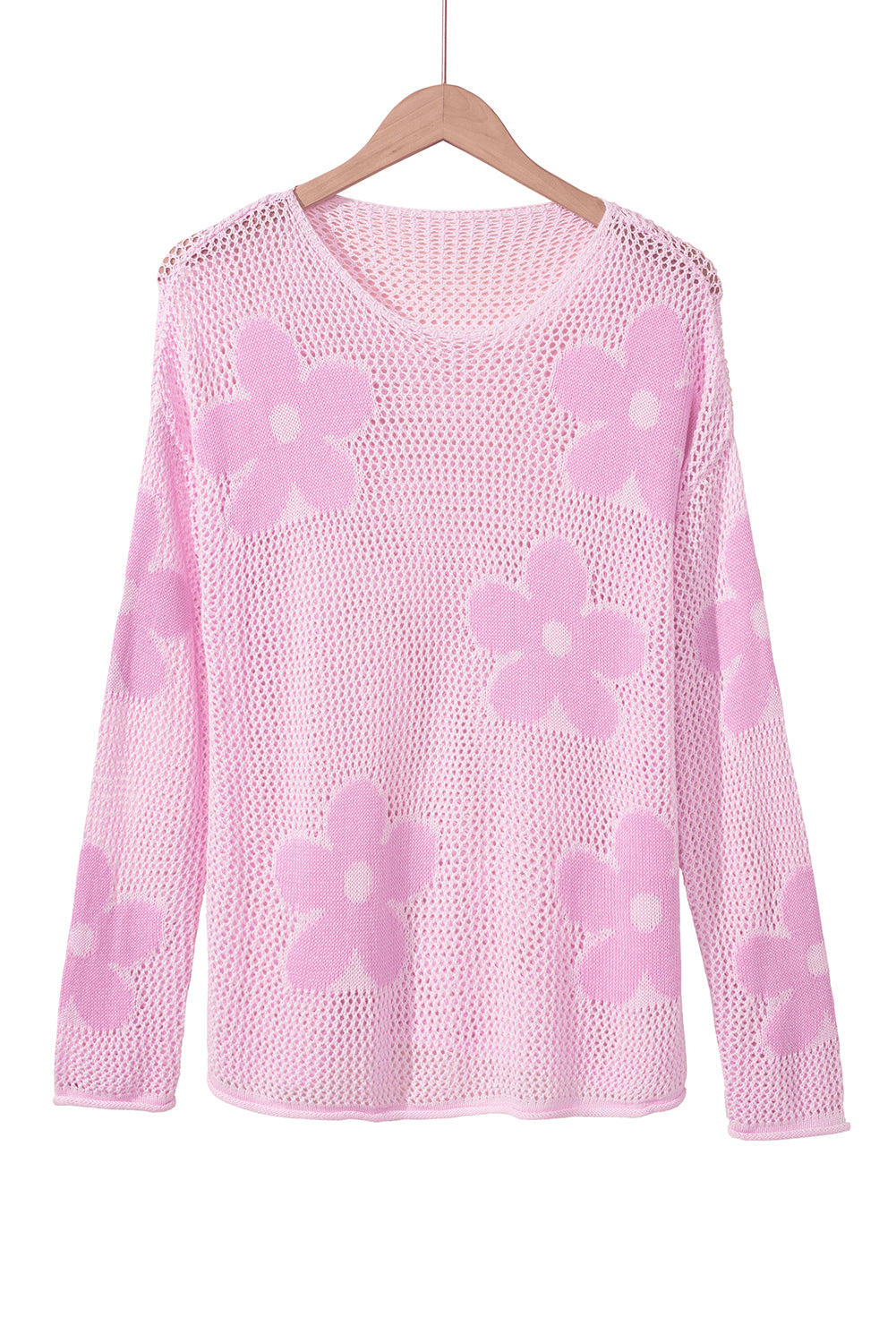 Light Pink Flower Drop Shoulder Hollow Knit Top