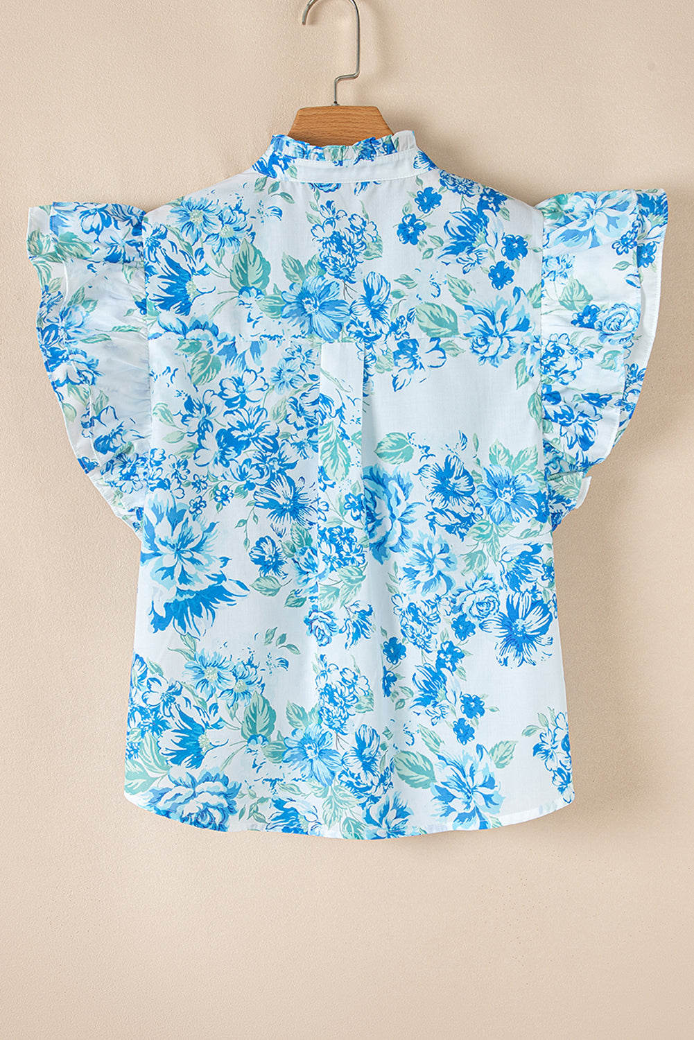 Sky Blue Floral Print Ruffle Sleeve Frill Shirt