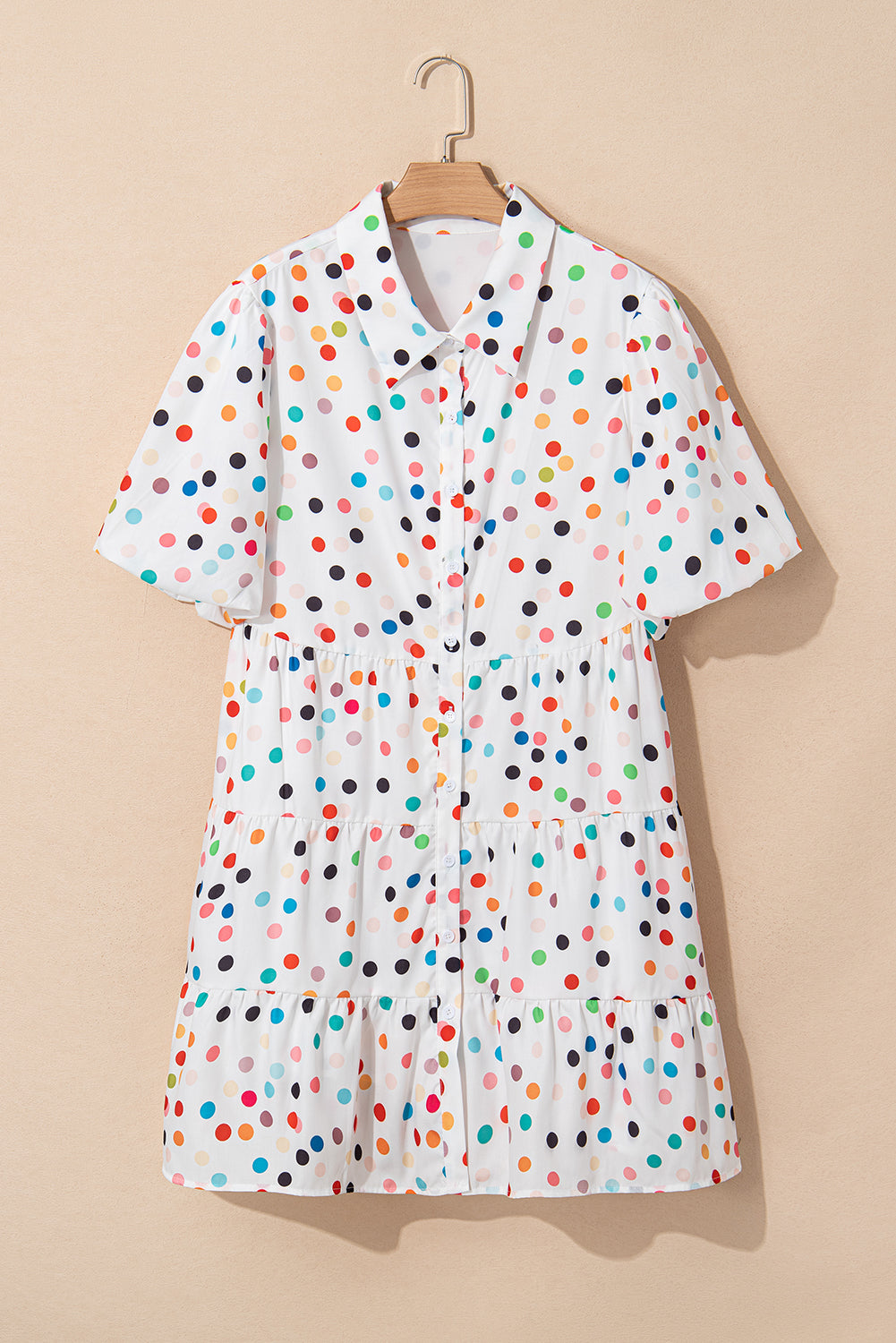 White Polka Dot Print Bubble Sleeve Button Up Plus Size Shirt Dress