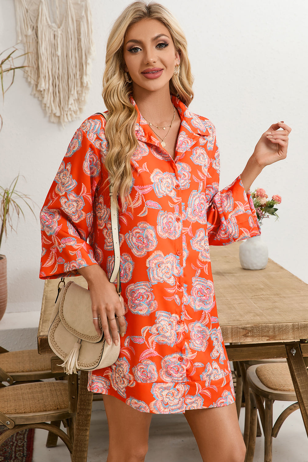 Red Floral Print Lapel Collar Loose Shirt Mini Dress