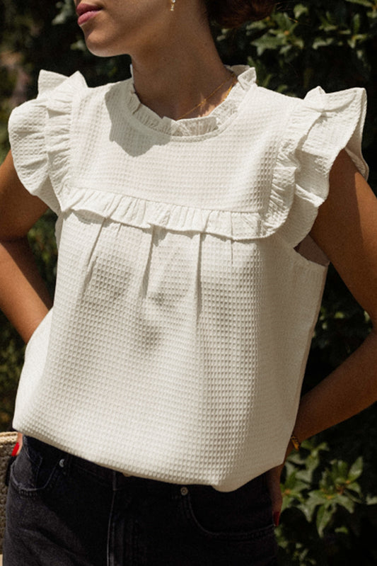 White Solid Color Ruffle Trim Waffle Textured Blouse