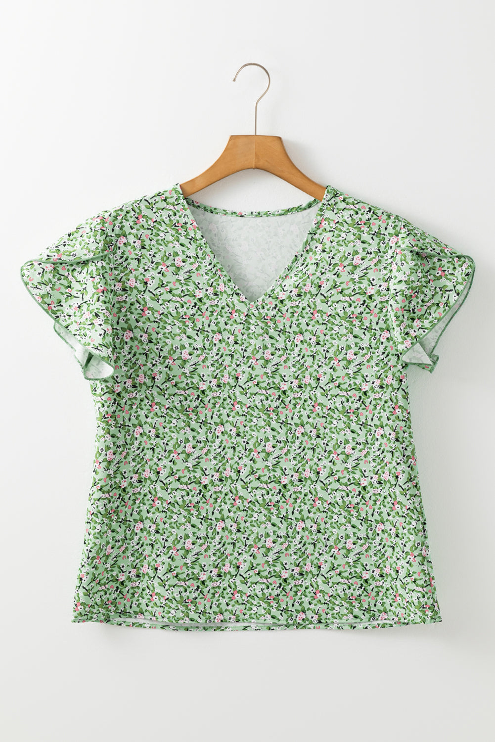 Green Boho Floral V Neck Short Sleeve Blouse