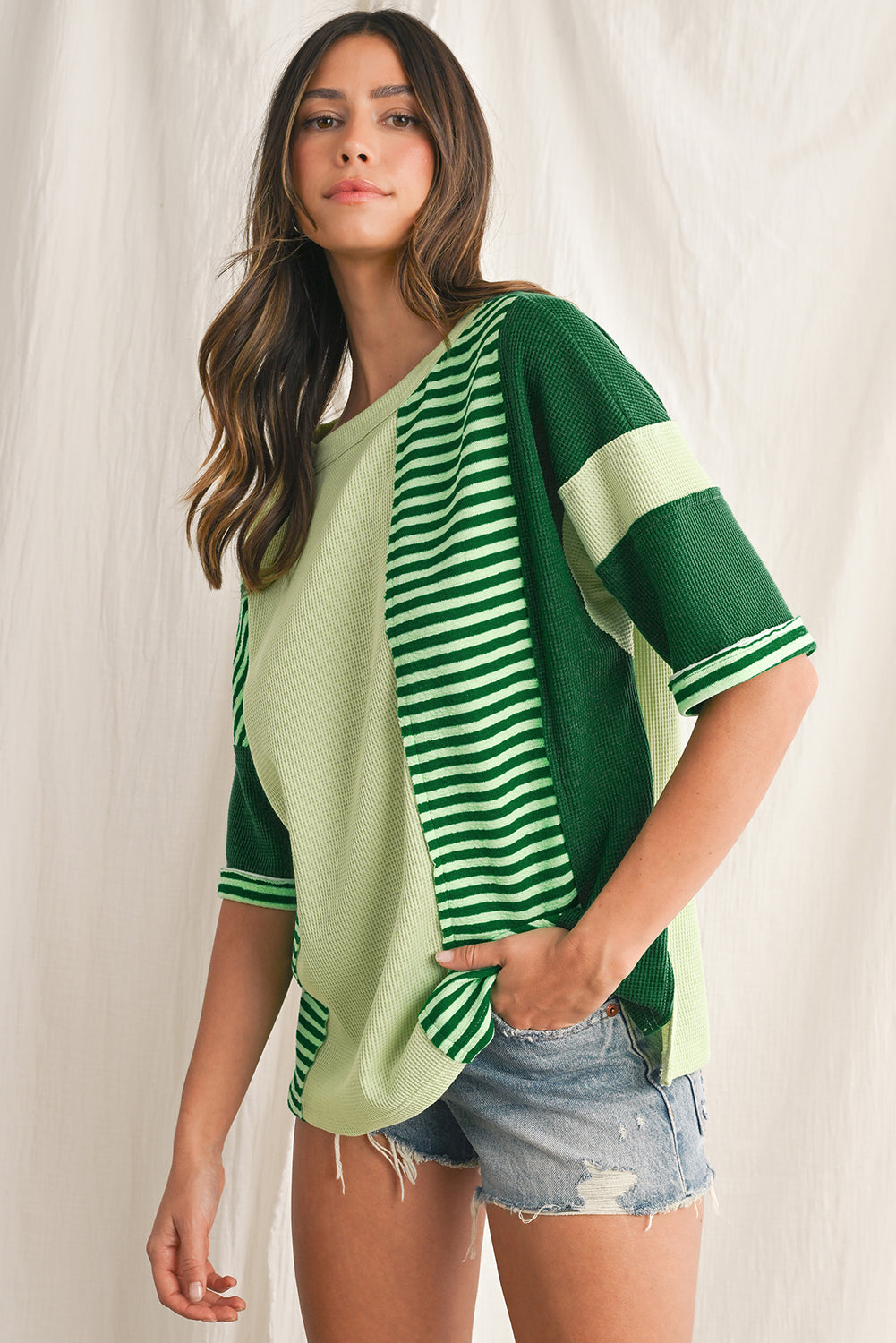 Mint Green Striped Patchwork Half Sleeve T Shirt