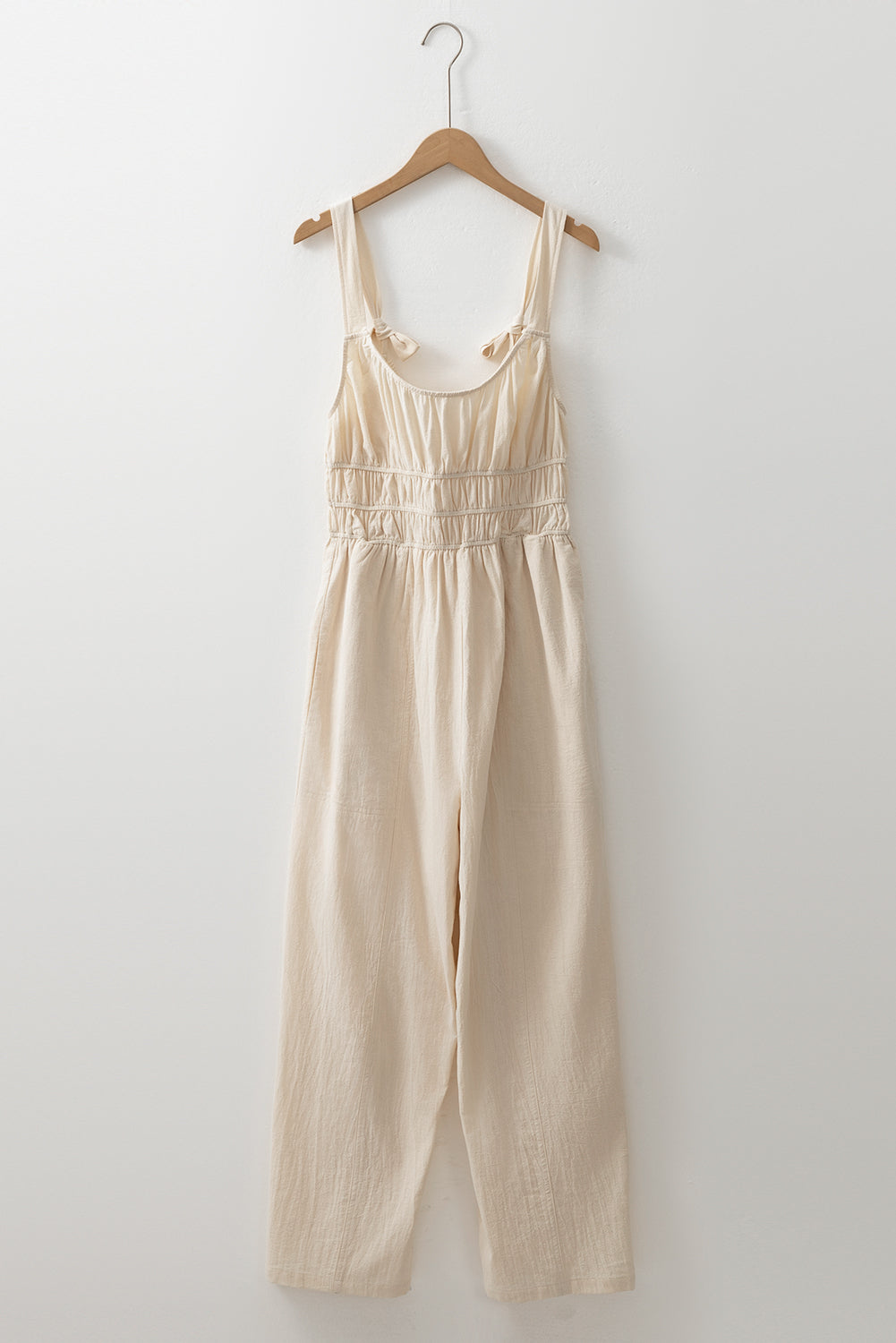 Beige Ruched High Waist Sleeveless Wide Leg Jumpsuit