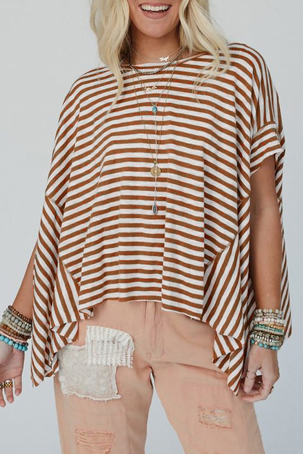 Khaki Striped Batwing Sleeve Oversized Top