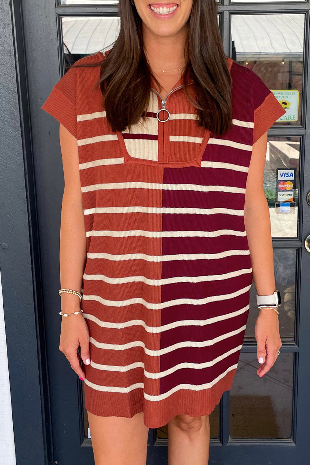 Khaki Stripe Color Block Short Sleeve Quarter Zip Mini Dress