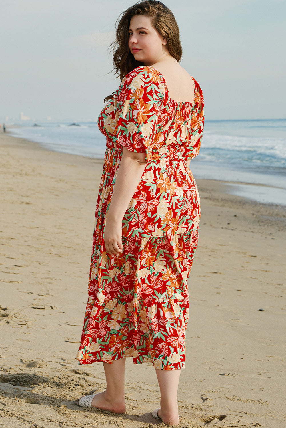 Orange Plus Size  Floral V Neck Cinched Waist Maxi Dress