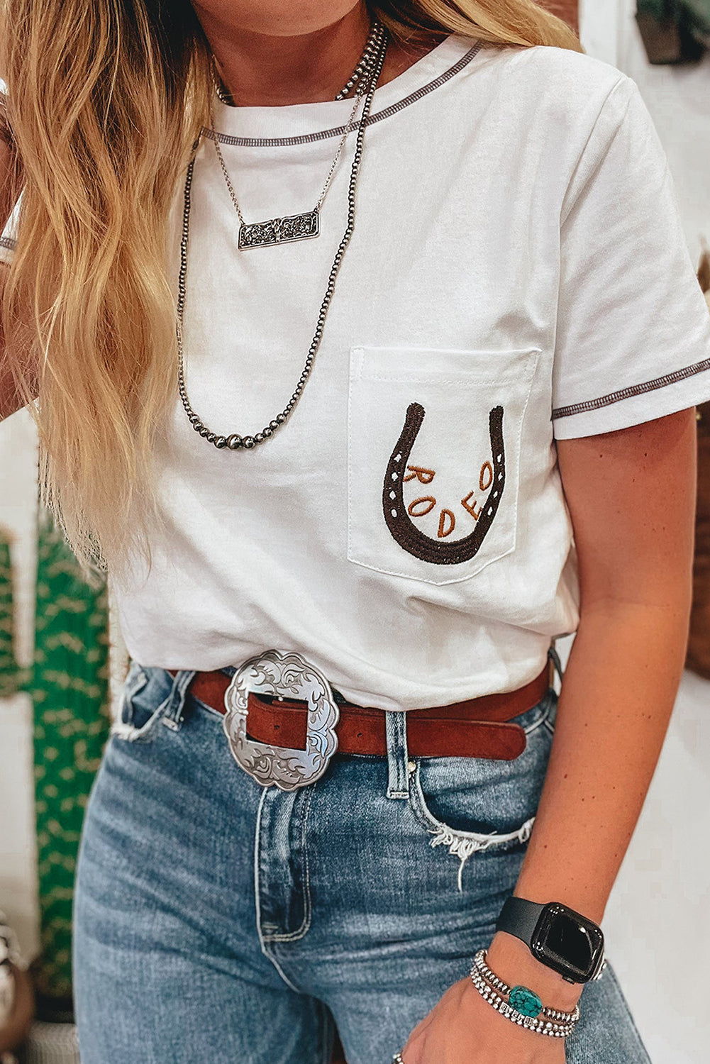 White RODEO Horseshoe Embroidered Patch Pocket Tee