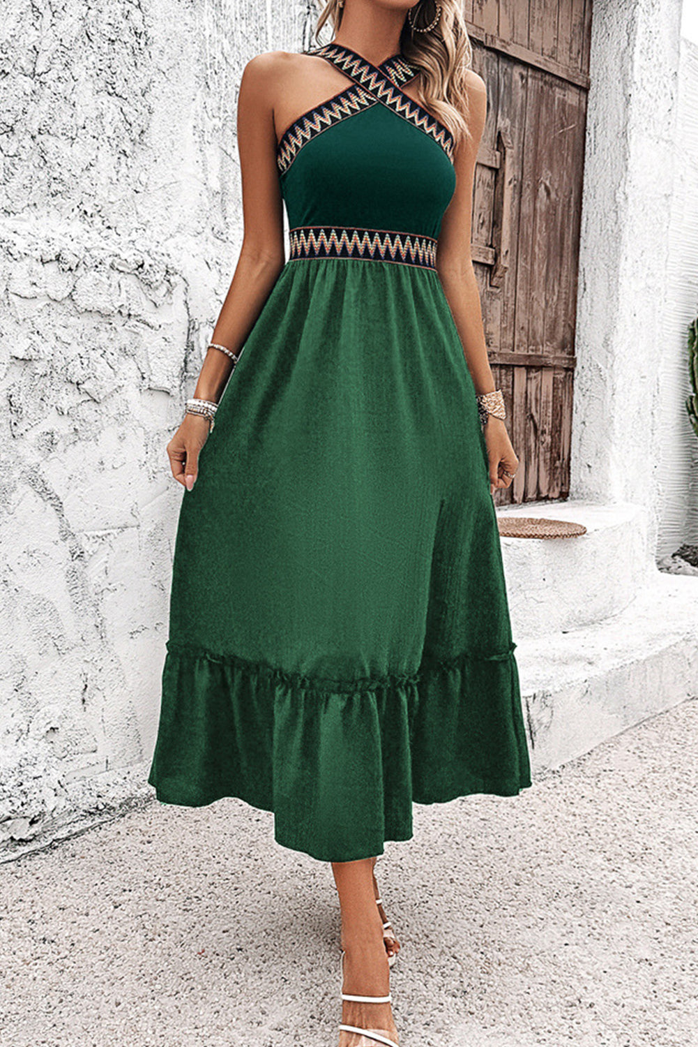 Evergreen Geometric Contrast Criss Cross Tiered Midi Dress