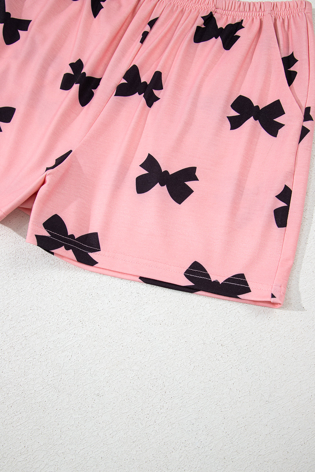 Pink Allover Bow Print Pockets Cropped Pajama Set