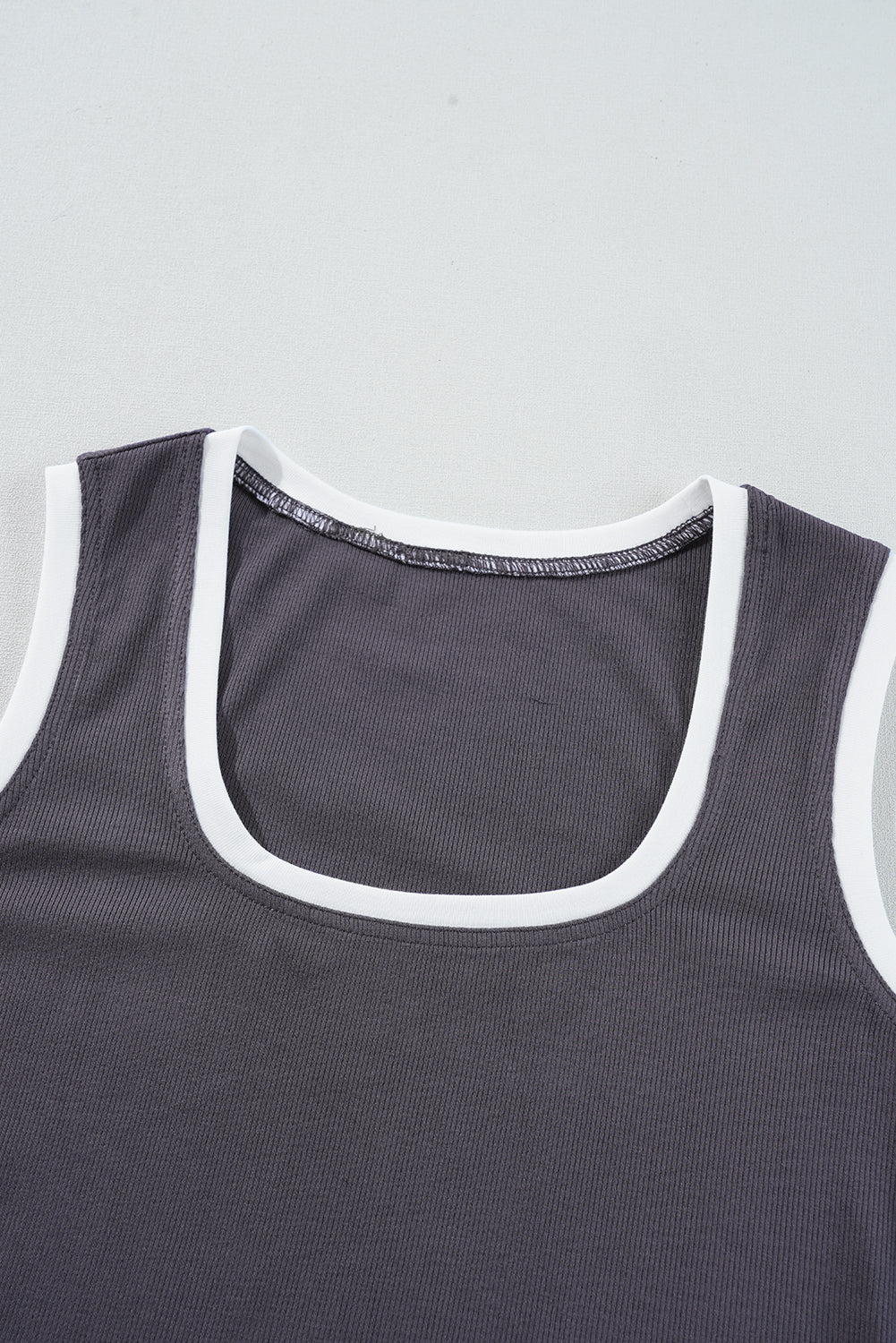 Carbon Grey Ribbed Knit Contrast Edge U Neck Slim Fit Tank Top