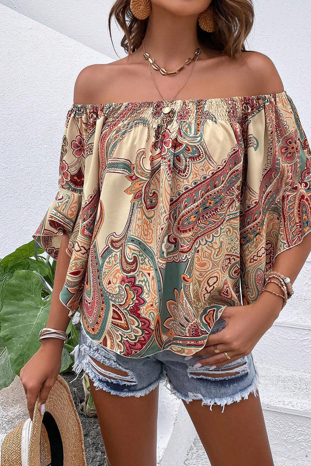 Apricot Paisley Print Shirred Off Shoulder Ruffle Half Sleeve Blouse