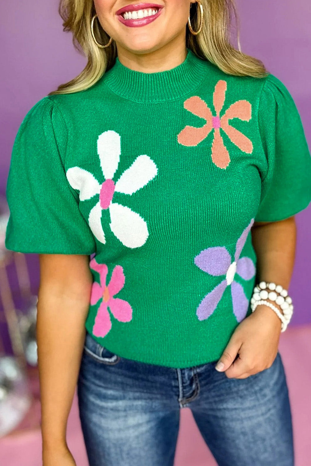 Bright Pink 60s Floral Print Bubble Short Sleeve Knitted Top