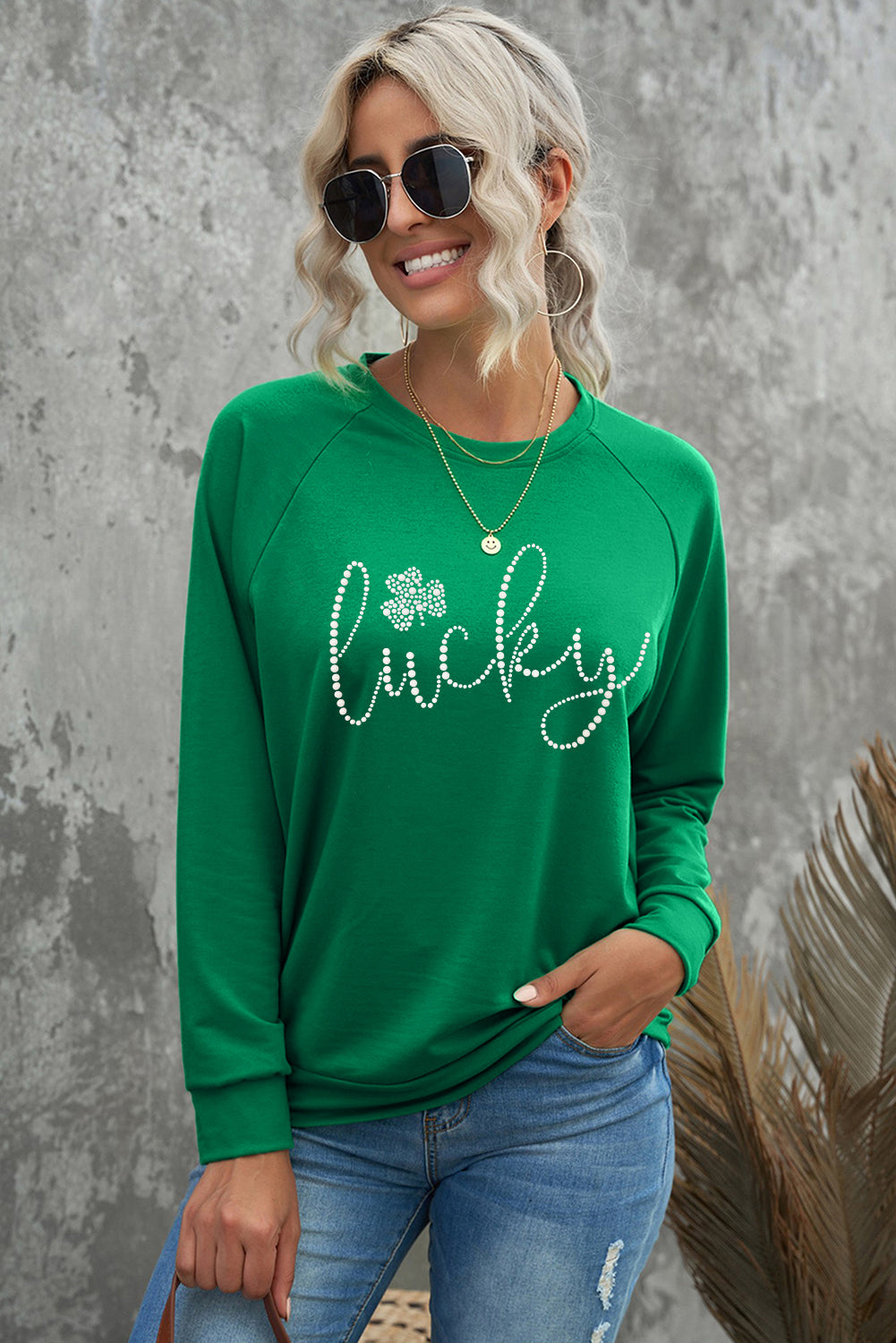 Green Rhinestone lucky Clover Graphic St Patrick Pullover Sweatshirt