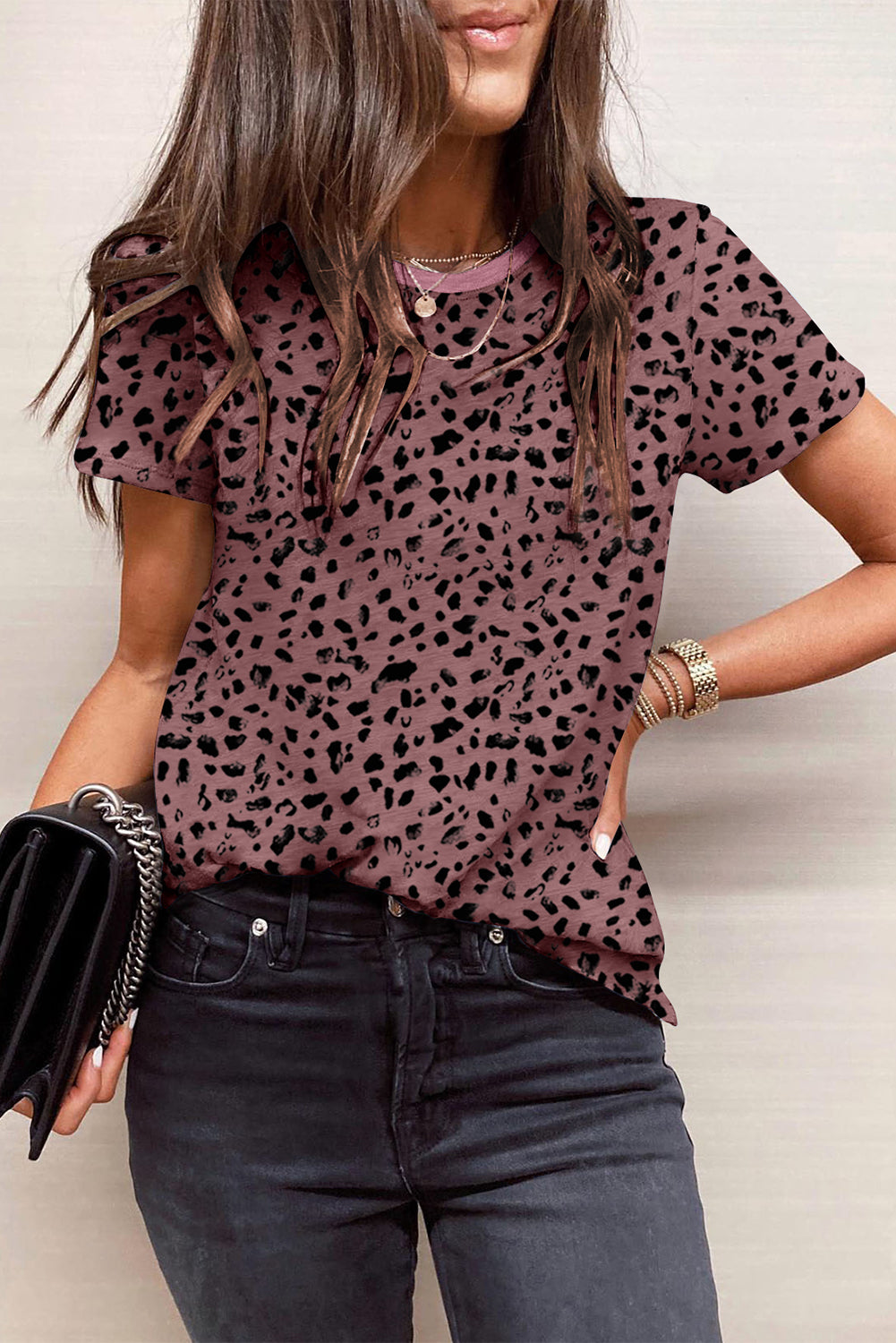 Red Cheetah Print Casual Short Sleeve Crew Neck T Shirt