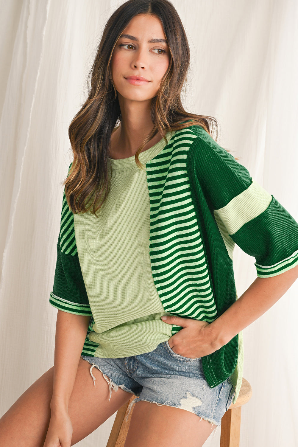 Mint Green Striped Patchwork Half Sleeve T Shirt