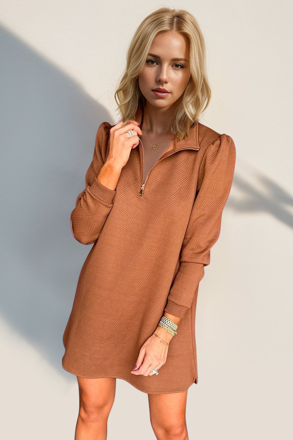 Double Take Textured Quarter Zip Long Sleeve Dress