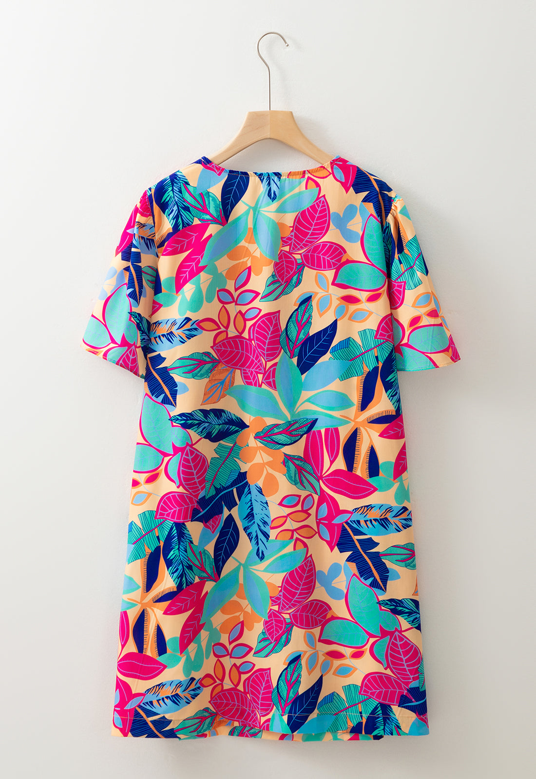 Multicolour Plus Size Leafy Print Split Neck Short Sleeve Shift Dress