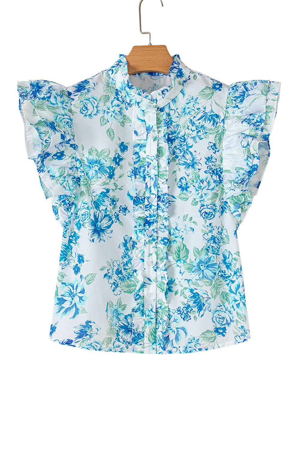 Sky Blue Floral Print Ruffle Sleeve Frill Shirt