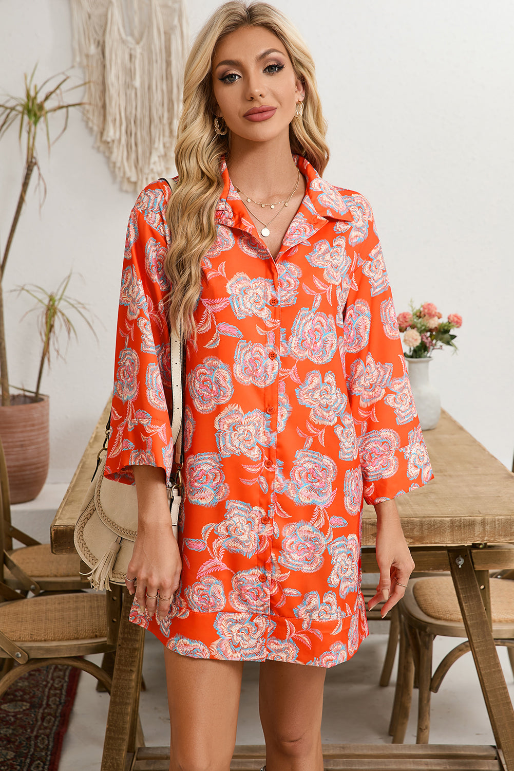 Red Floral Print Lapel Collar Loose Shirt Mini Dress